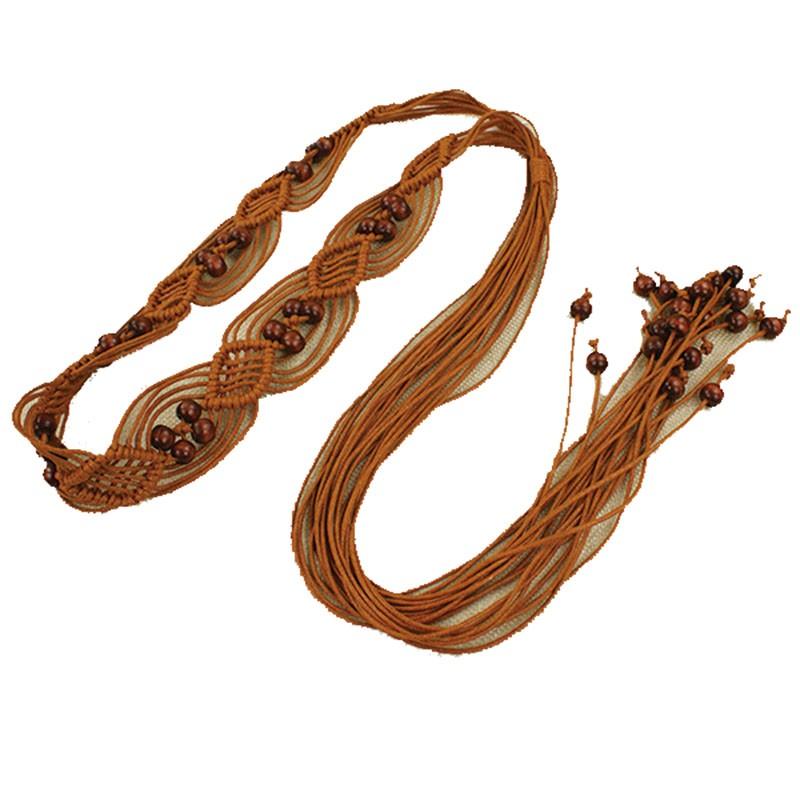 ベルト レディース おしゃれ 穴なし フリーサイズ エスニック ワックスロープ 編み込み 柔らかい シンプル ビーズ ウェスト 装飾 キャメル ダークブラウン