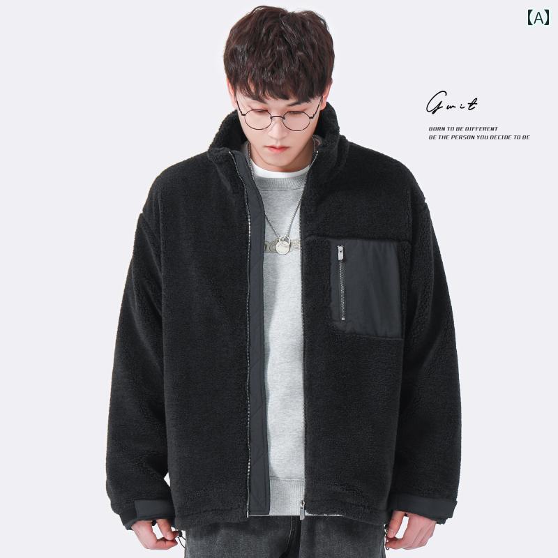 ボアジャケット メンズ 冬 アウター ウール 黒 カーキ 無地 ポケット スタンドカラー ジップアップ 中綿 防寒 保温 厚手 暖かい もこもこ 大きいサイズ ゆったり レジャー 普段使い カジュアル