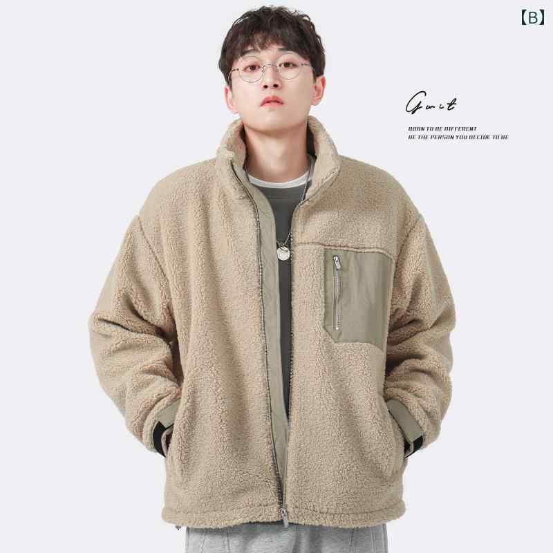 ボアジャケット メンズ 冬 アウター ウール 黒 カーキ 無地 ポケット スタンドカラー ジップアップ 中綿 防寒 保温 厚手 暖かい もこもこ 大きいサイズ ゆったり レジャー 普段使い カジュアル