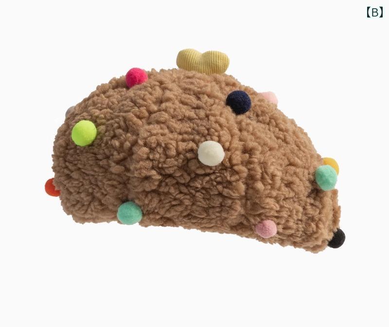 キッズ ベビー ベレー帽 大人 女の子 親子コーデ 秋冬 もこもこ かわいい 立体 カラフル ボール ドット ベージュ カーキ 茶色 プレゼント お出かけ 撮影 通園 3