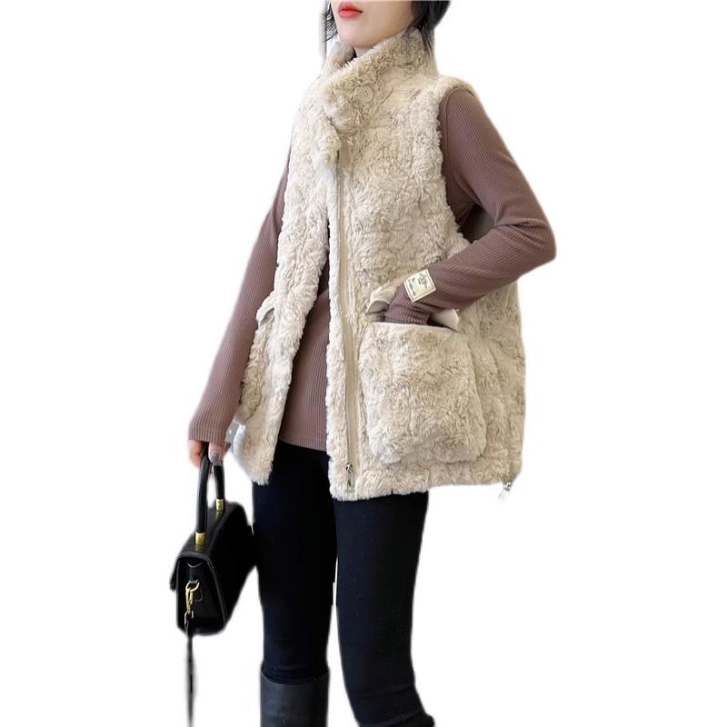 ボアベスト レディース 秋冬 ウール ショート丈 スタンドカラー ジップアップ 前開き 厚手 重ね着 あったか 柔らかい 茶 カーキ ベージュ