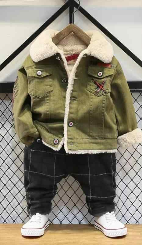 デニム ジャケット キッズ 男の子 防寒 暖かい アウター もこもこ ボア ベビー 秋冬 ウール 厚手 襟付き 前ボタン プリント かっこいい 緑 黄(4)