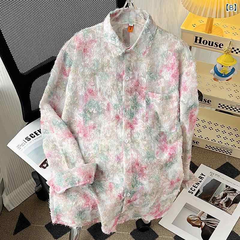 メンズ カジュアル シャツ 長袖 大きいサイズ 男性 女性 レディース 春 日焼け防止 レギュラーカラー ルーズ ゆったり 普段使い 羽織り レトロ 青 ピンク 花 柄 ポケット