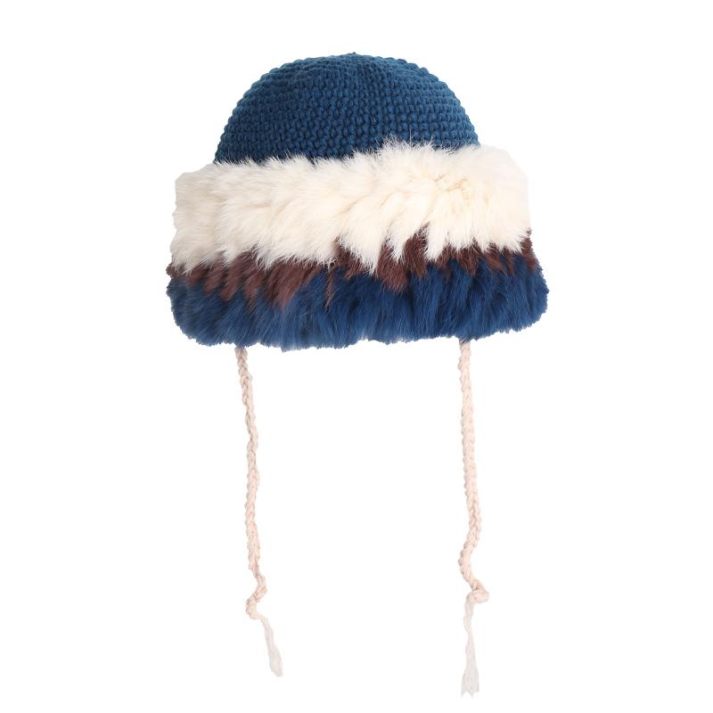 Knit Hat - 帽子 レディース 冬 ファー ウール 暖かい 防寒 耳 保護 ゆったり かわいい もこもこ カジュアル 普段使い お出かけ ベージュ 青 茶 紐付き