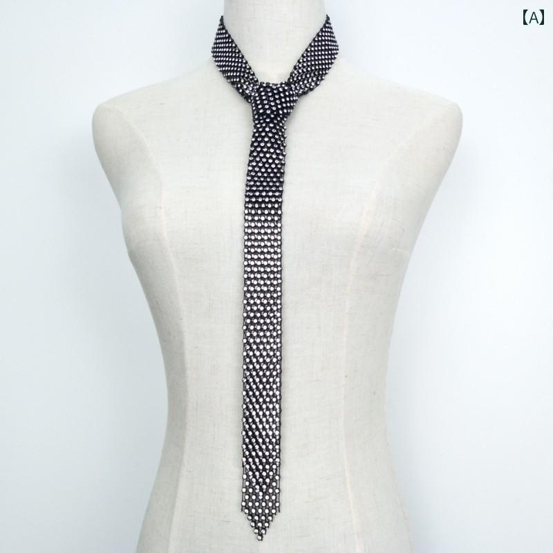 ネクタイ レディース スリム ナロータイ ラインストーン キラキラ ソフト 耐久性 ベルト おしゃれ ドット 黒 白 ダンス パフォーマンス 衣装
