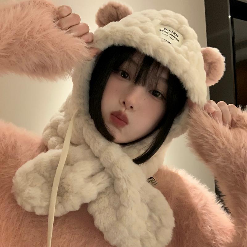フードウォーマー レディース 秋冬 雷峰 帽子 バラクラバ 耳あて マフラー あったか もこもこ 厚手 柔らかい アウトドア サイクリング 韓国 かわいい クマ ベージュ カーキ ピンク