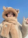 フードウォーマー レディース 冬 雷峰 帽子バラクラバ マフラー 手袋 3in1 一体型 防寒 防風 あったか 厚手 ふわふわ アウトドア サイクリング かわいい 鹿 クマ ウサギ 折れ耳 カーキ ベージュ ピンク