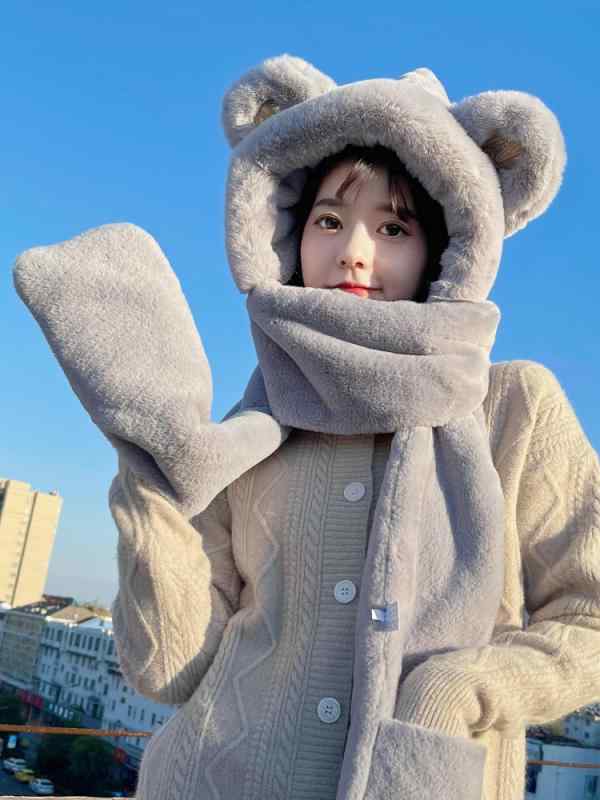 フードウォーマー レディース クマ 耳の 隠れる 帽子 冬 暖かい マフラー 手袋 韓国 フード かわいい もこもこ 白 茶 ピンク 自転車 サイクリング