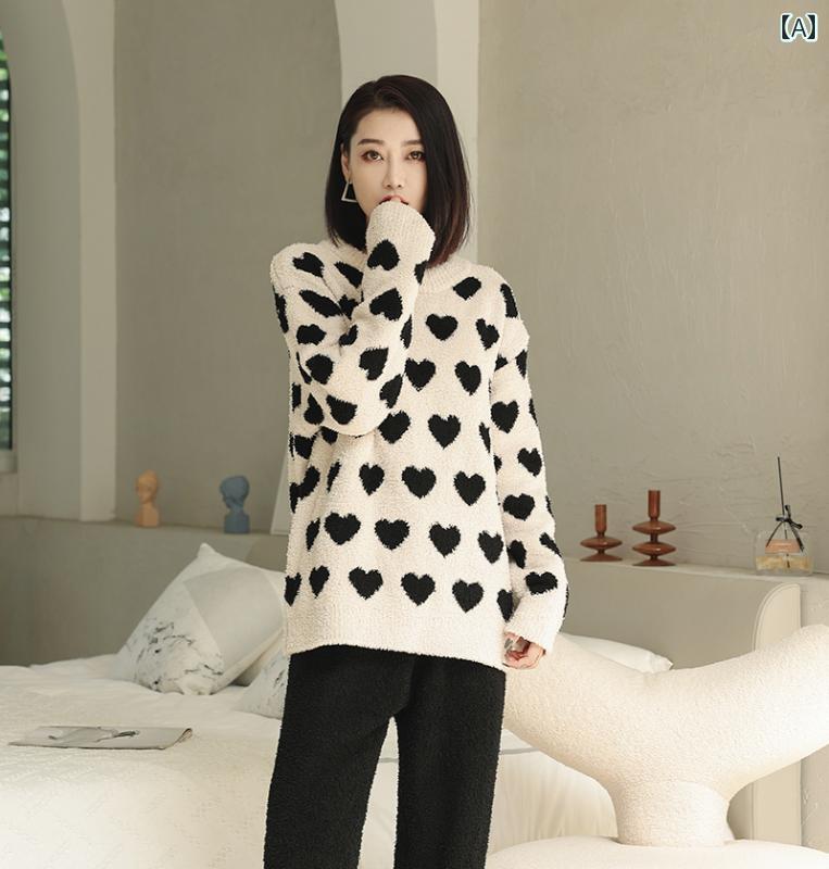 パジャマ レディース 冬 暖かいもこもこ かわいい ラウンドネック 女性 秋 ゆったり 快適 厚手 ホームウェア ナイトウェア 黒 赤