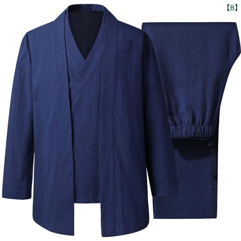 セットアップ メンズ 大きいサイズ 春秋 チャイナ風 唐装 カンフー 服 綿 麻 黒 紺 ベージュ 無地 立ち襟 ボタン ポケット 厚手 暖かい パンツ 紳士 シニア イベント パーティー シンプル frontop-13253114 フロントップ楽天市場店 サンプル画像2