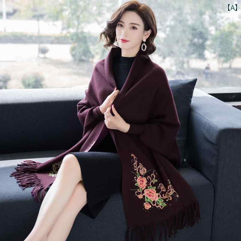 レディース ショール 厚手 マント 刺繍 暖かい チャイナ カーディガン 春夏秋冬 フリンジ ウール 羽織 多用途 お出かけ ランチ ショッピング カフェ オフィス 紺 黒 赤 花