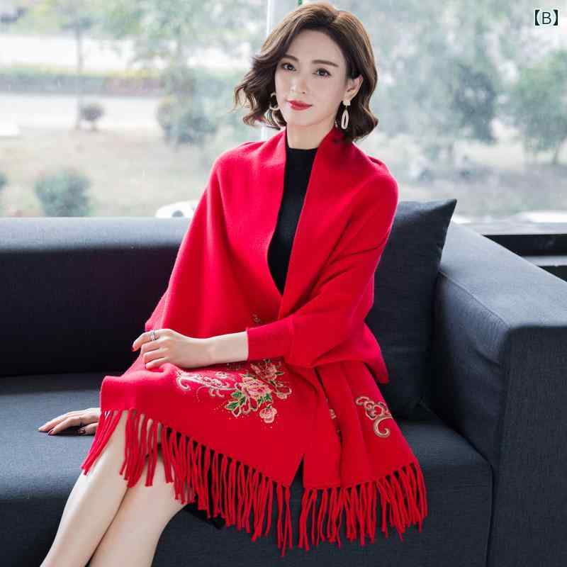 レディース ショール 厚手 マント 刺繍 暖かい チャイナ カーディガン 春夏秋冬 フリンジ ウール 羽織 多用途 お出かけ ランチ ショッピング カフェ オフィス 紺 黒 赤 花