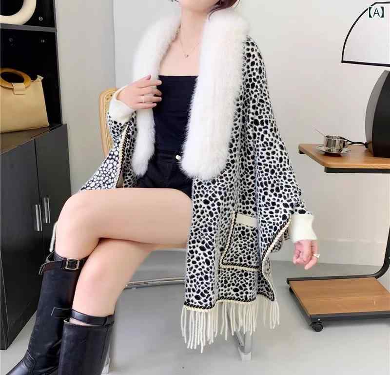 レディース アウター マント ケープ ポンチョ コート ショール 暖かい ファー 秋冬 大判 おしゃれ 防寒 起毛 襟 厚手 フリンジ ヒョウ柄 白 黒 カーキ