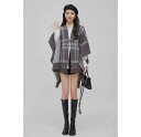 レディース アウター ケープ ポンチョ コート ショール 暖かい 秋冬 大判 おしゃれ 防寒 チェック リバーシブル 黒 カーキ グレー