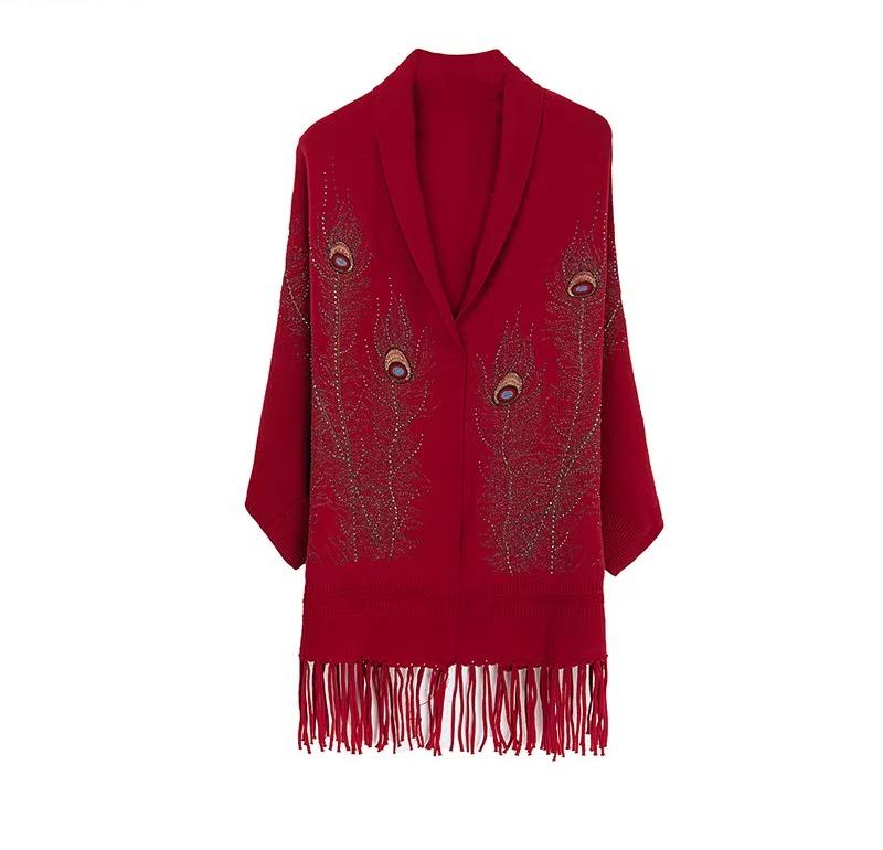 レディース ショール 暖かい マント ケープ ポンチョ 秋冬 カーディガン ストール アウター トップス 羽織 チャイナ風 フリンジ ウール 厚手 花 黒 赤