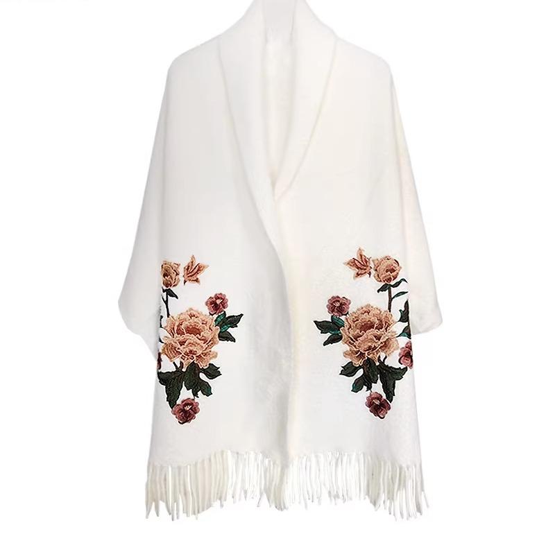 レディース ショール 暖かい マント ケープ ポンチョ 秋冬 カーディガン ストール アウター トップス 羽織 チャイナ風 厚手 袖 フリンジ 花 白 黒 赤