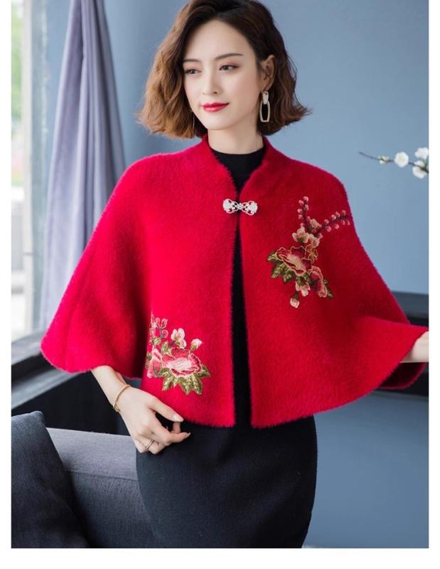 レディース ショール 暖かい マント ケープ ポンチョ 秋冬 カーディガン アウター トップス 羽織 起毛 チャイナ 厚手 刺繡 黒 白 赤
