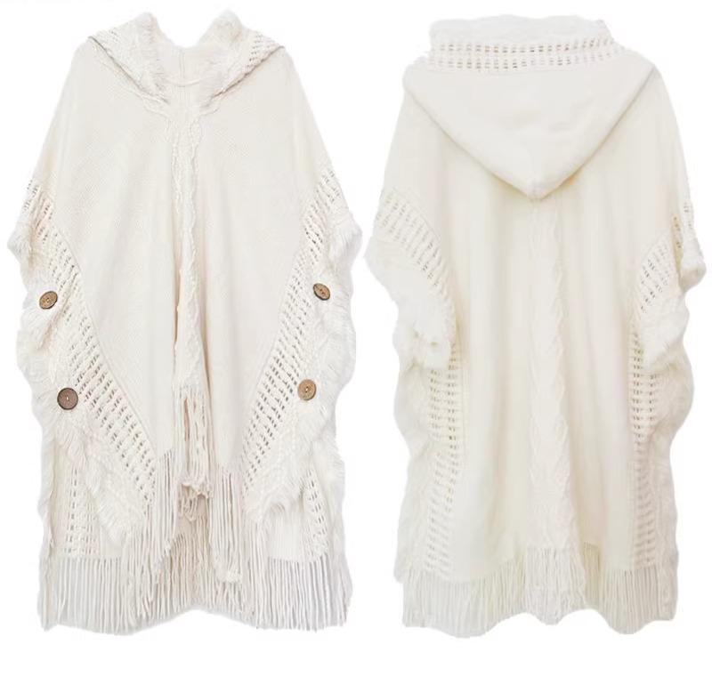 レディース ショール 暖かい マント ケープ ポンチョ 春 カーディガン アウター トップス 羽織 厚手 フリンジ V ネックフード付き 白