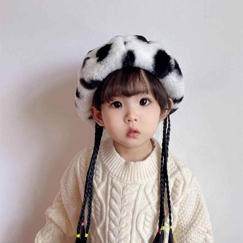 ベレー帽 キッズ 冬 レトロ プリンセス カボチャ 三つ編み付き ボア ドット イベント ハット かわいい 水玉 ハート 白 ベージュ