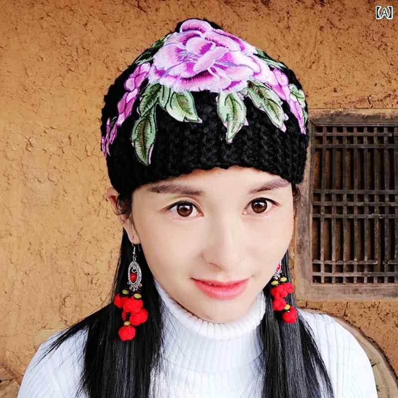 エスニック ターバン ヘアバンド 幅広 太め ニット レディース 大人 おしゃれ 刺繍 ワッペン アジアン キャップ 帽子 ウール 防寒 暖かい 柔らかい 伸縮性 手編み パフォーマンス ステージ レトロ 花 アップリケ パープル ブルー レッド