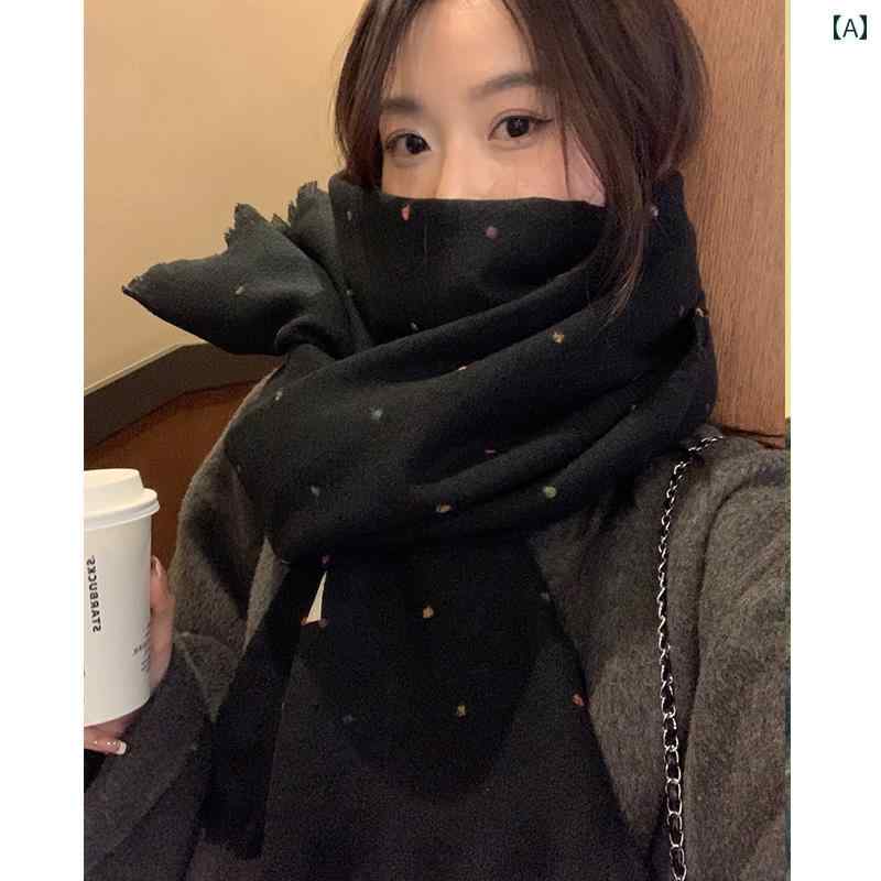マフラー レディース ストール 厚手 ショール 暖かい 秋冬 防寒 ボリューム プレゼント ドット 水玉 韓国 ファッション 長方形 白 黒 茶