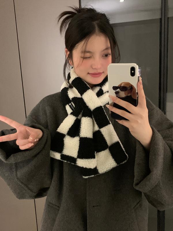 マフラー レディース ストール 厚手 ショール 暖かい 秋冬 防寒 プレゼント 市松模様 韓国 ファッション ポリエステル 保温 かわいい リバーシブル 黒 茶