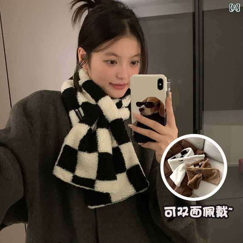 マフラー レディース ストール 厚手 ショール 暖かい 秋冬 防寒 プレゼント 市松模様 韓国 ファッション ポリエステル 保温 かわいい リバーシブル 黒 茶