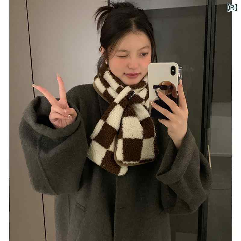 マフラー レディース ストール 厚手 ショール 暖かい 秋冬 防寒 プレゼント 市松模様 韓国 ファッション ポリエステル 保温 かわいい リバーシブル 黒 茶