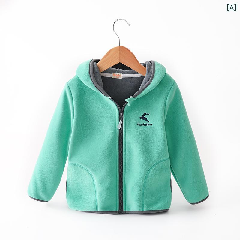 フリースジャケット キッズ 秋冬 男の子 女の子 子供服 ベビー 長袖 アウター カジュアル 上着 ポケット フード ジップアップ 厚手 裏起毛 防寒 暖かい 登園 通学 お出かけ シンプル 鹿 青 赤 緑