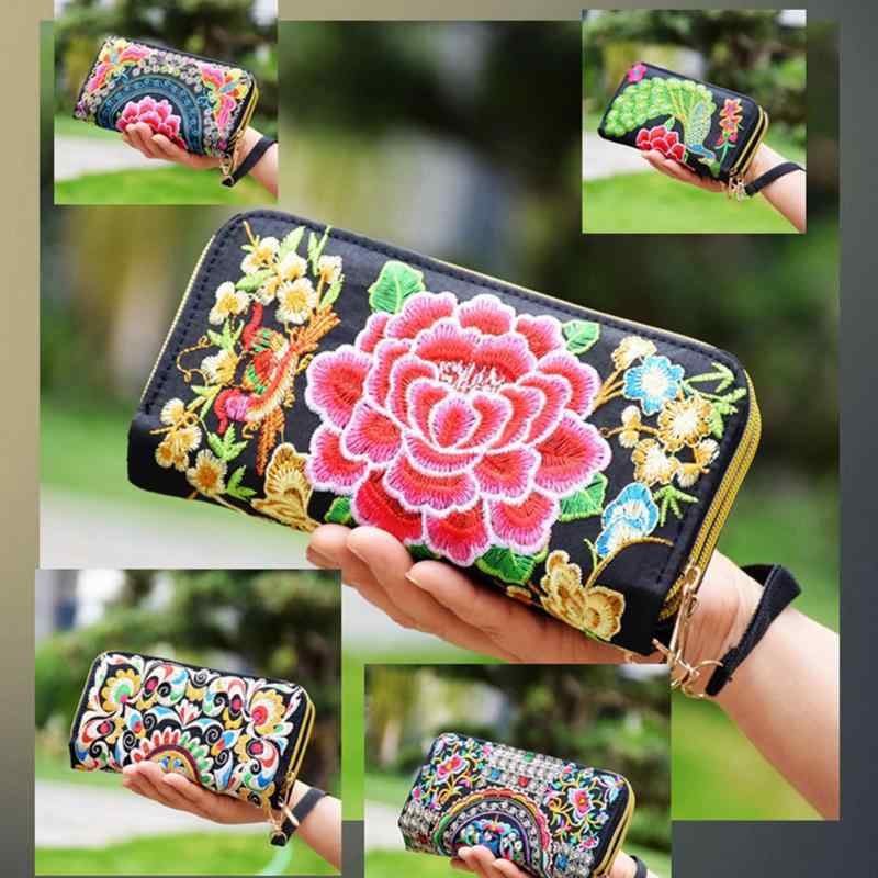 バッグ レディース おしゃれ エスニック アジアン 鞄 クラッチ 長財布 カードホルダー ジッパー 刺繍 キャンバス 旅行 ショッピング 牡丹 孔雀 木 赤 青 紫