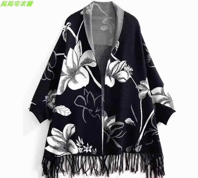 ポンチョ コート 冬 レディース マント ケープ ショール 羽織り ゆったり 暖かい おしゃれ 秋 袖付き 多用途 ニット ウール 花 赤 黒 グレー 韓国 フリーサイズ フリンジ 長方形