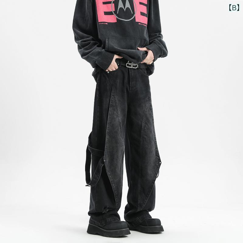ワイド デニムパンツ メンズ ゆったり 太め ジーンズ ストレート 大きいサイズ 春 ポケット ジッパーフライ ウォッシュ ダメージ ロング Gパン ズボン ボトムス カジュアル ストリート アメカジ ヒップホップ ヴィンテージ風 普段使い 青 黒