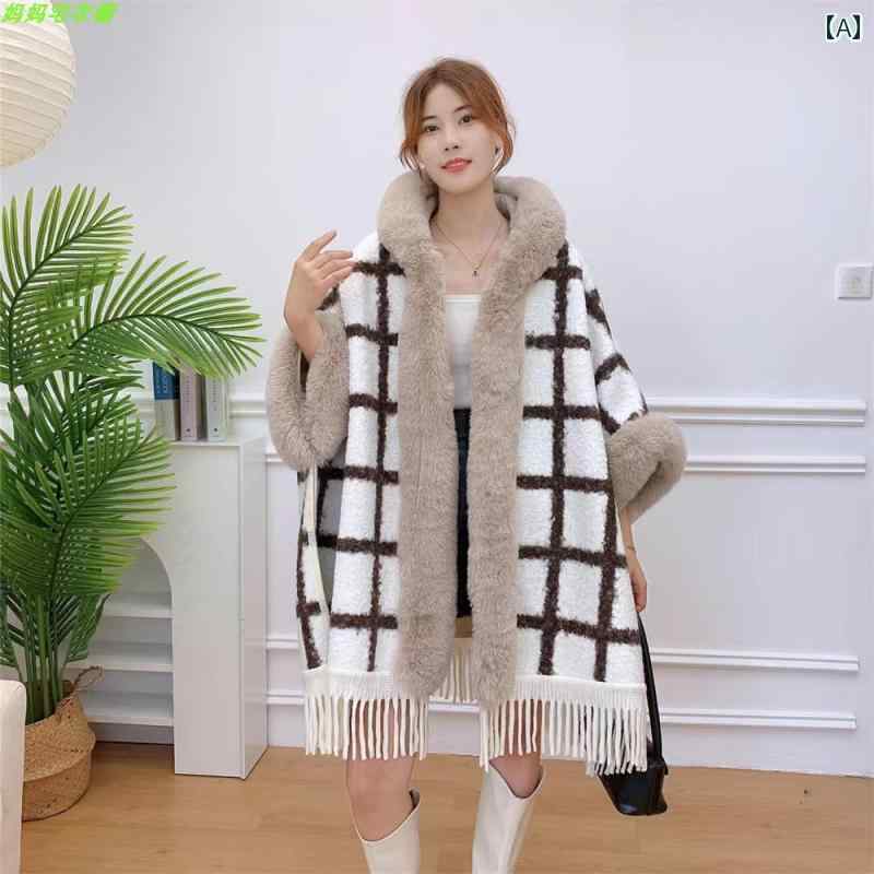 ポンチョ コート 冬 レディース マント ケープ ショール 羽織り 厚手 ゆったり フェイクファー ふわふわ 暖かい おしゃれ フード付き レトロ フリンジ チェック ストライプ 黒 紫 緑