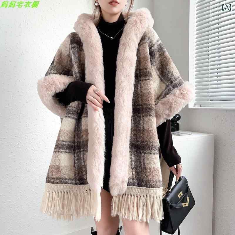 ポンチョ コート 冬 レディース マント ケープ ショール 羽織り 厚手 ゆったり フェイクファー ふわふわ 暖かい おしゃれ フリンジ チェック 多機能 フリーサイズ 緑 紫 黄色