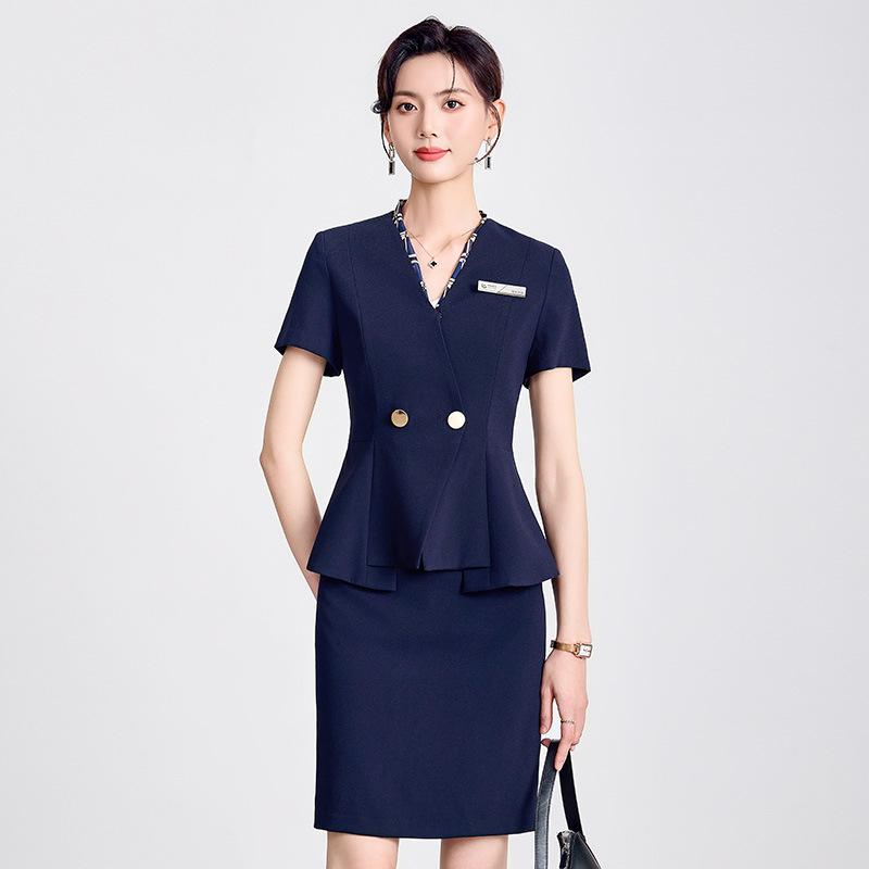 セットアップ レディース スーツ 事務服 制服 通勤 オフィス 春夏 半袖 美シルエット 着痩せ 上下セット 膝丈 テーラードジャケット 受付 ホテル ネイビー ブラック 高級感 ストレッチ 洗える 接触冷感