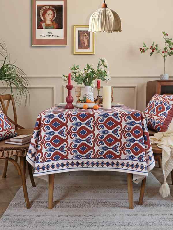 テーブルクロス 長方形 汚れ防止 机カバー 布 雑貨 コットン リネン レトロ エスニック キッチン ダイニング リビング おしゃれ 多用途 幾何学模様 赤