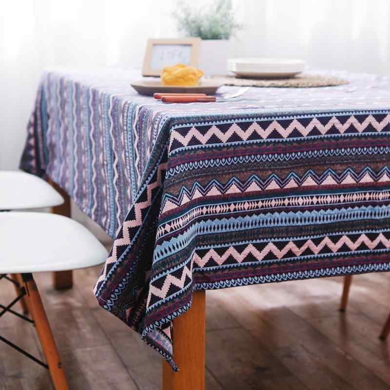Cotton - テーブルクロス レトロ 汚れ防止 机カバー 布 雑貨 キッチン ダイニング リビング おしゃれ コットン リネン エスニック 多用途 ストライプ 青 ピンク 紫
