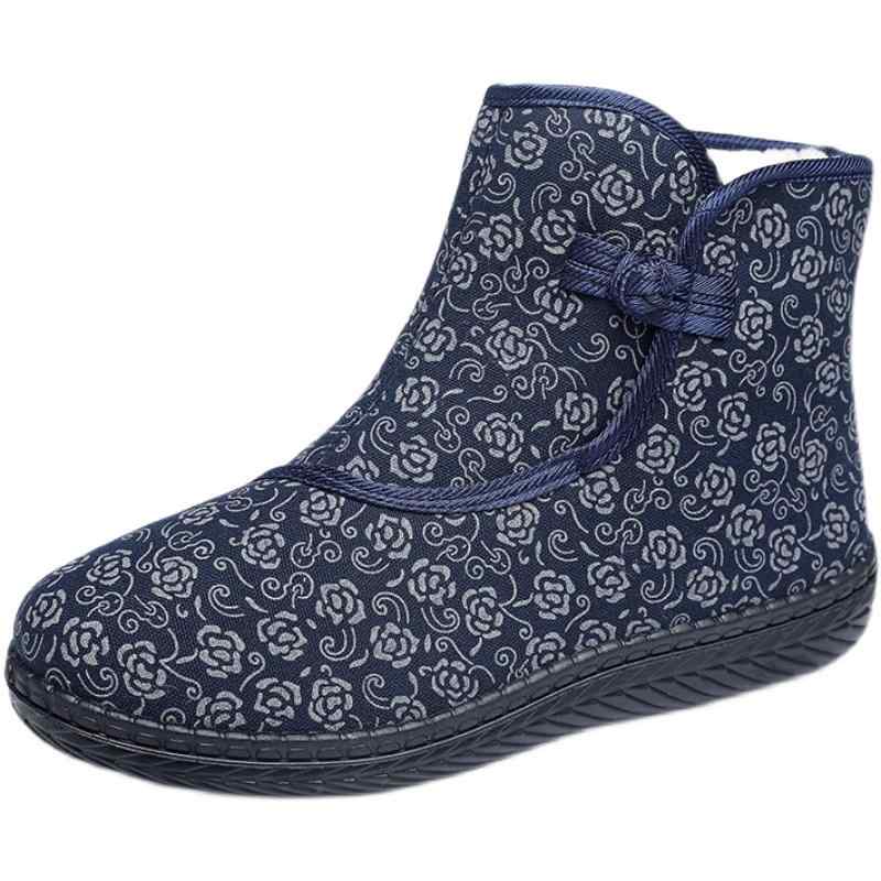 高齢者 冬 靴 レディース 歩きやすい 布製 裏起毛 ショートブーツ 滑り止め あったか エスニック 綿 ローヒール ラウンドトゥ 厚手 フラット 花柄 赤 青