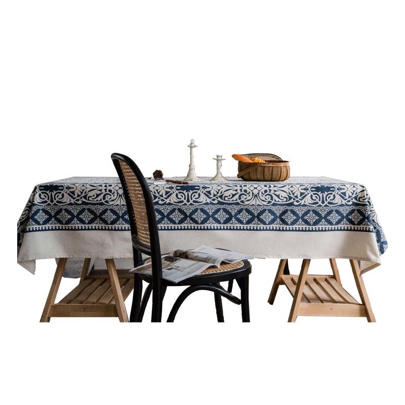 テーブルクロス レトロ 汚れ防止 机カバー 布 雑貨 キッチン ダイニング リビング 多用途 おしゃれ 北欧 コットン リネン 幾何学模様 長方形 青
