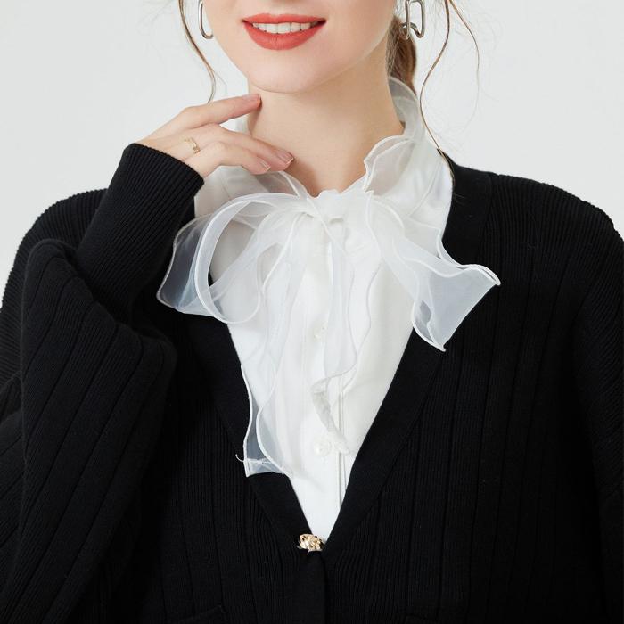 付け襟 レディース オーガンジー シフォン 装飾 フェイクカラー シャツ 女性 多機能 韓国 おしゃれ 上品 リボン 女の子 ガールズ 白 着回し 繊細 お出かけ ショッピング カフェ ランチ オフィス ボタン オールシーズン