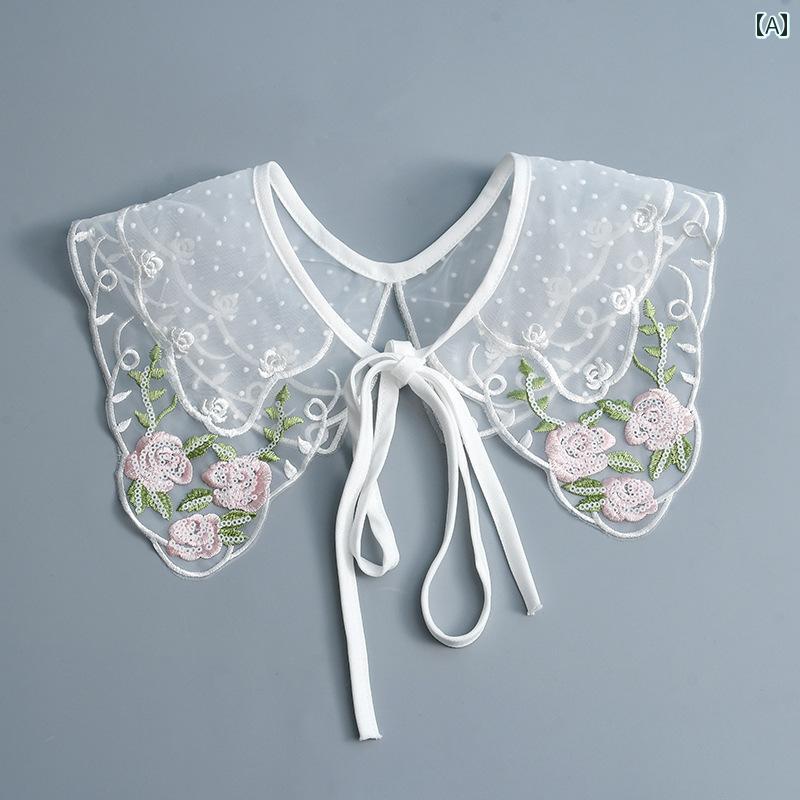 付け襟 女性 レース カラフル 刺繍 花 多機能 装飾 フェイクカラー かわいい 上品 透け感 リボン レディース 女の子 ガールズ 白 着回し 繊細 お出かけ ショッピング カフェ ランチ オールシーズン
