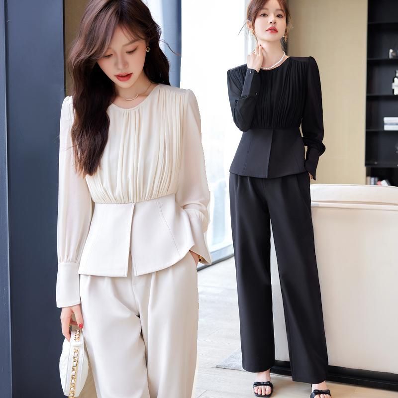 Suits For Job Interviews - セットアップ レディース 春夏 エレガント 上品 高級感 ウエストマーク トップス ワイドパンツ 長袖 通勤 オフィス カジュアル ポリエステル 伸縮性 ブラック ホワイト アプリコット きれいめ 40代 フォーマル