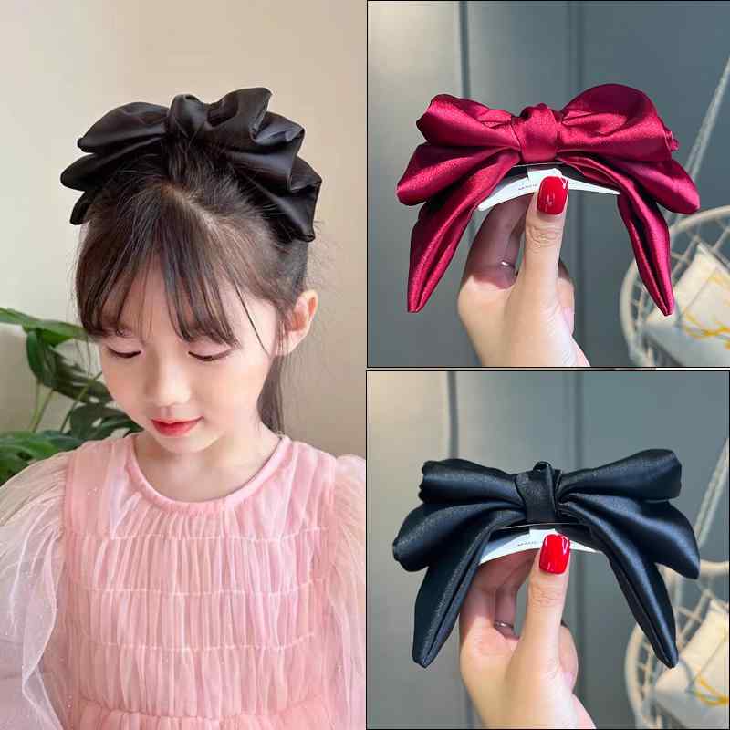 ヘアアクセサリー リボン 子供用 女の子 サテン クリップ 頭 飾り 小物 無地 春夏秋冬 赤 桃 黒 かわいい ガールズ 幼児 キッズ 上品