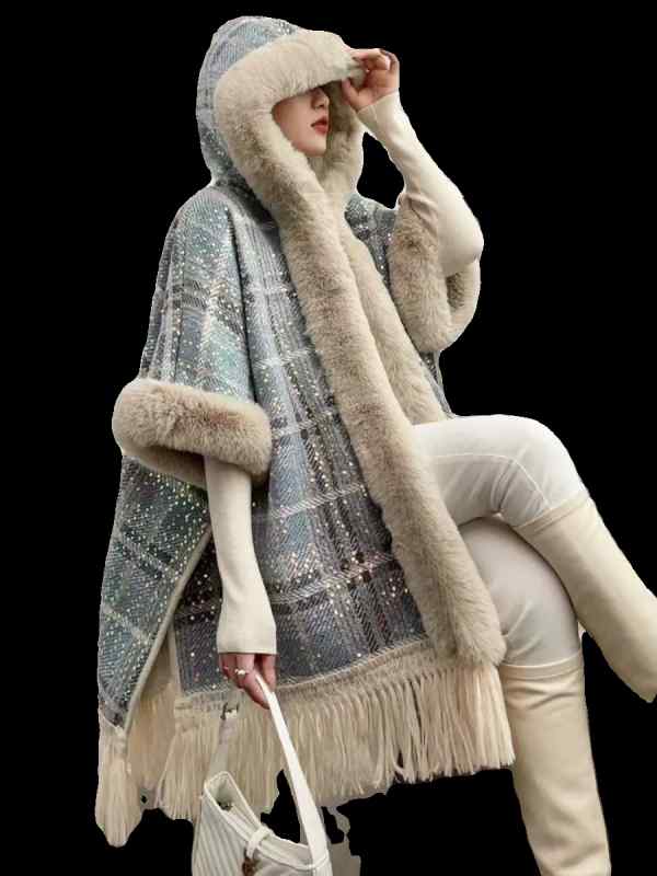 ケープコート レディース 冬 秋 厚手 暖かい フリンジ ショール フード 付き ウール ミドル丈 かわいい カジュアル 韓国 千鳥格子 チェック ストライプ 赤 緑 黄