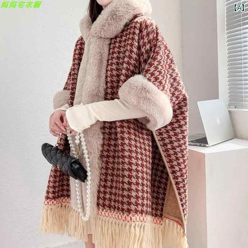 ケープコート レディース 冬 秋 厚手 暖かい フリンジ ショール フード 付き ウール ミドル丈 かわいい カジュアル 韓国 千鳥格子 チェック ストライプ 赤 緑 黄
