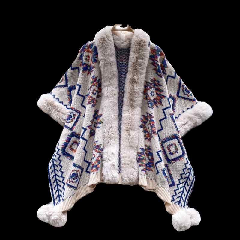 ケープコート レディース 冬 秋 ショール 厚手 暖かい 防寒 ニット カーディガン ファーカラー おしゃれ もこもこ 紫 黄 カーキ エスニック ポンポン