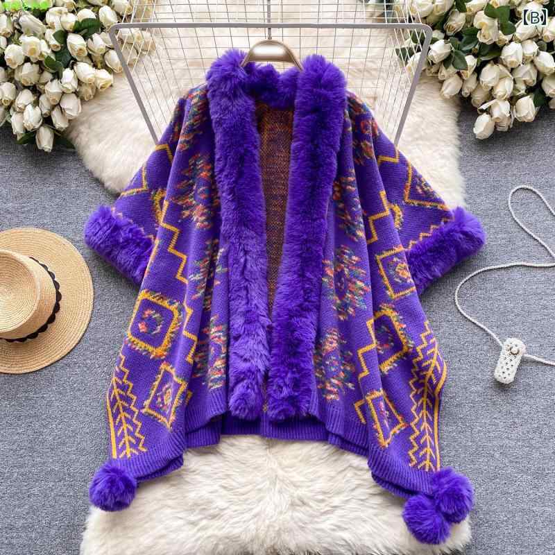 ケープコート レディース 冬 秋 ショール 厚手 暖かい 防寒 ニット カーディガン ファーカラー おしゃれ もこもこ 紫 黄 カーキ エスニック ポンポン