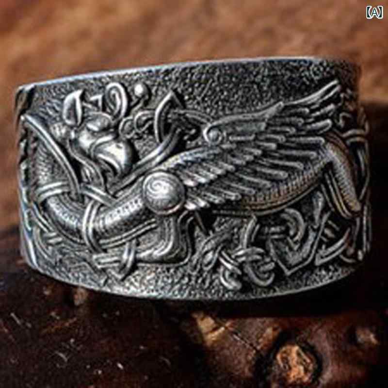 ドラゴン アクセサリー おしゃれ 龍 トーテム バイキング リング 指輪 ワイド 彫刻 小物 装飾品 カジュアル アンティーク 銀 ブロンズ