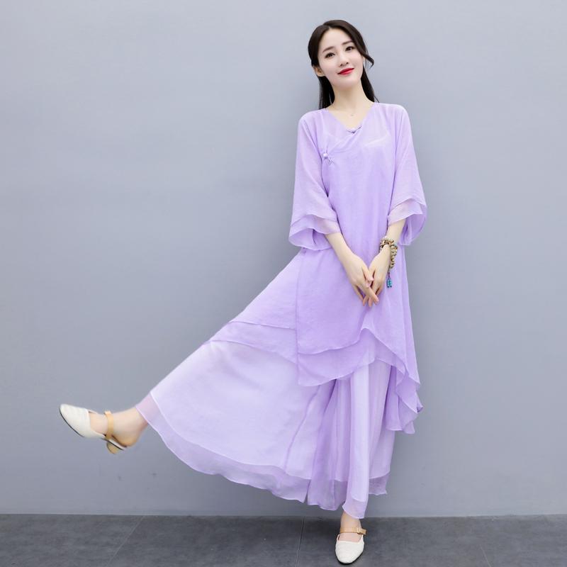 中国 舞踊 衣装 太極拳 服 レディース ダンス ゆったり フリル ワイドパンツ エレガント 大きいサイズ トップス 上下 セット 紫 赤 白(4.0)