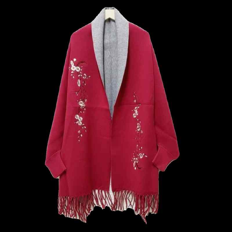 ケープコート レディース 冬 秋 ショール マント フリンジ 刺繍 アウター 暖かい 防寒 ピンク グレー カーキ カジュアル シンプル 花 袖付き チャイナ風 体型カバー